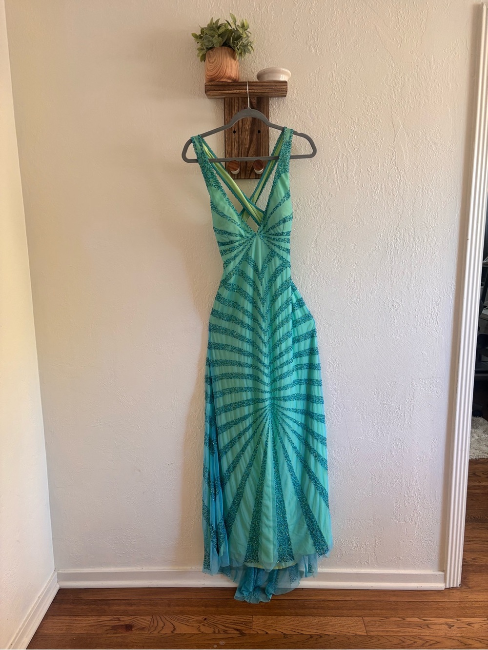 Night Way Collections Teal and Aqua One-Shoulder Radiant Stripe Maxi Dress